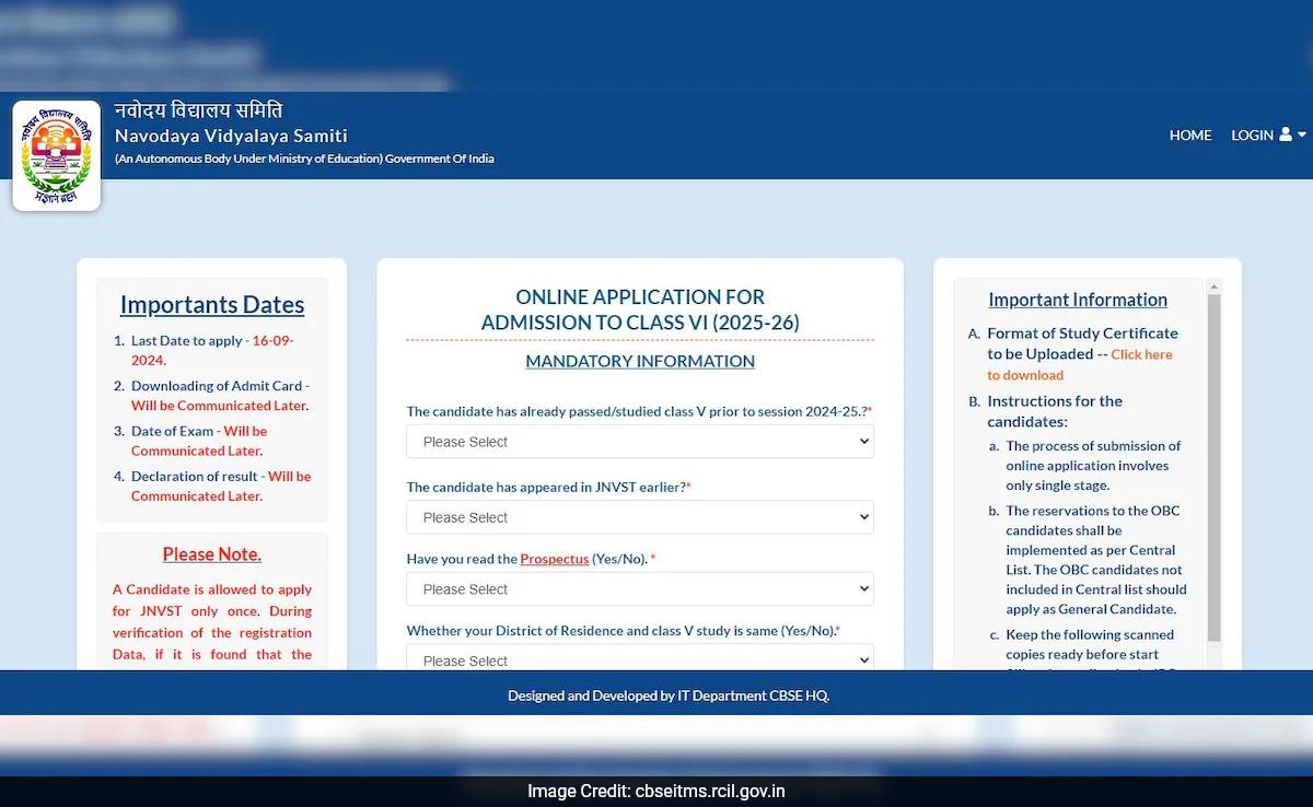 JNVST 2025 Class 6 Registration Last Date Today, Check Steps To Download