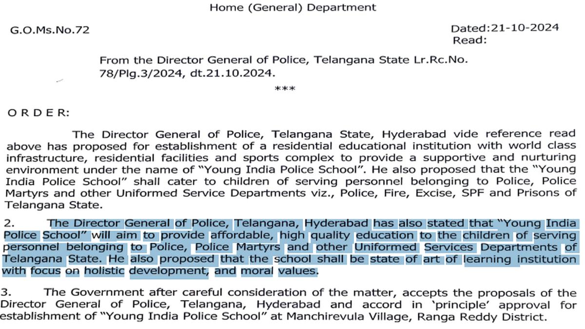 Telangana Govt approves establishment of Young India Police School in Rangareddy for children of uniformed service personnel