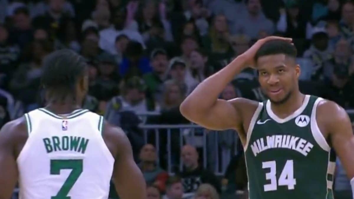 WATCH: Giannis Antetokounmpo Hilariously Leaves Jaylen Brown Hanging With Fake In-Game Handshake